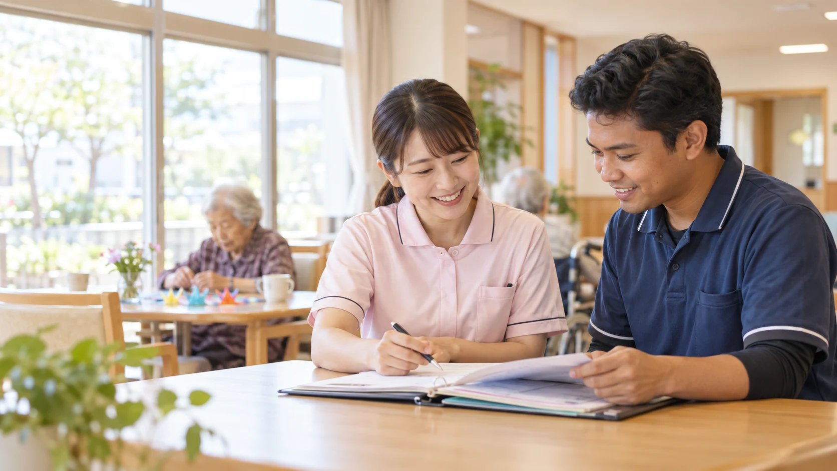 介護施設でケア計画を確認する介護職員たち
