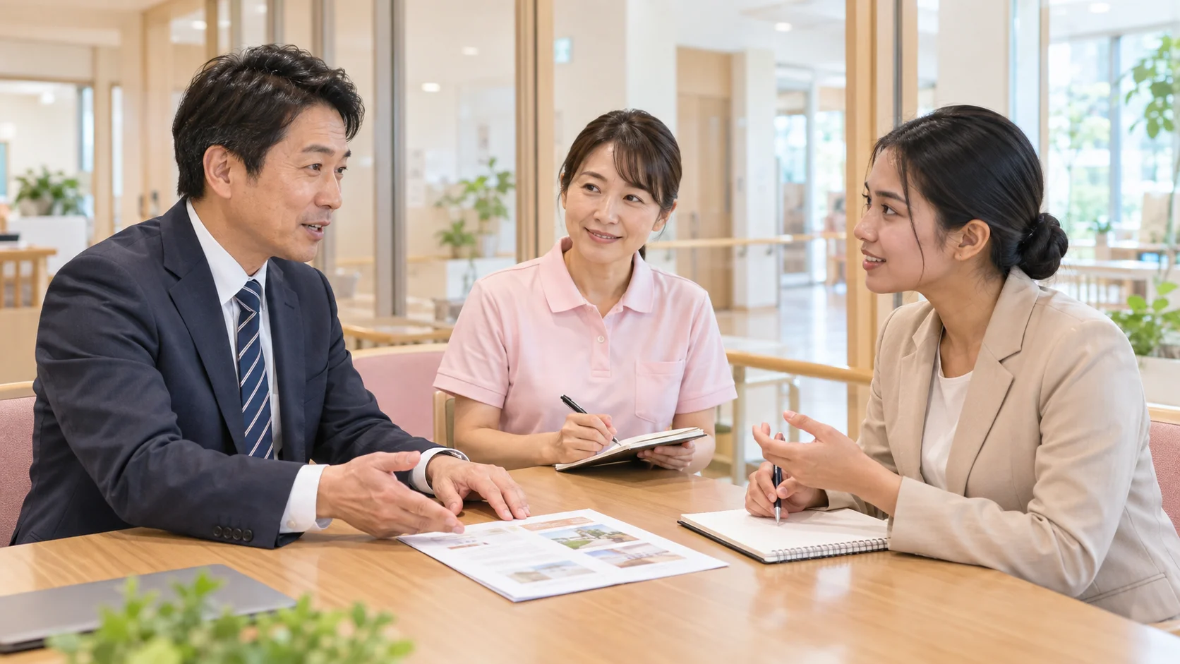介護施設の採用担当者と外国人の応募者が、組合スタッフの同席で仕事内容を確認する面談