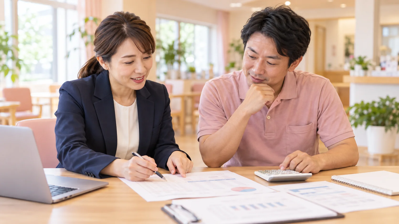 介護施設の担当者と相談スタッフが、電卓と資料で採用予算を確認する場面