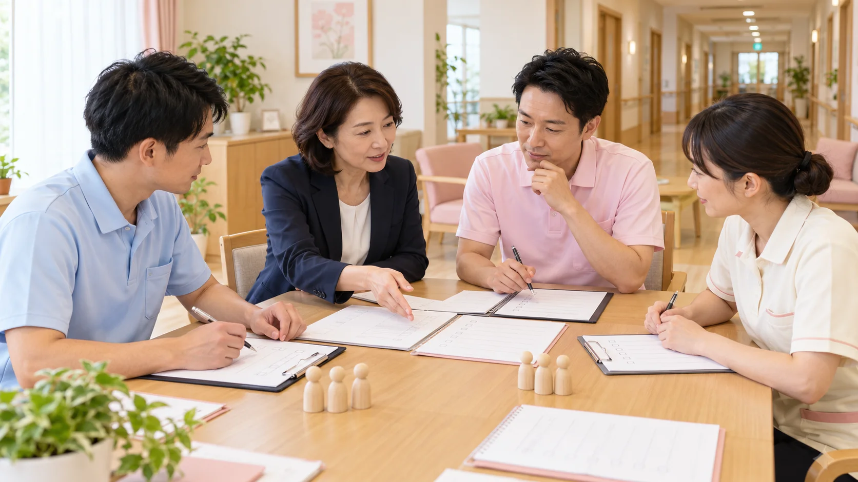 介護施設の担当者と組合スタッフが、職員体制と受入れ準備を資料で確認する場面
