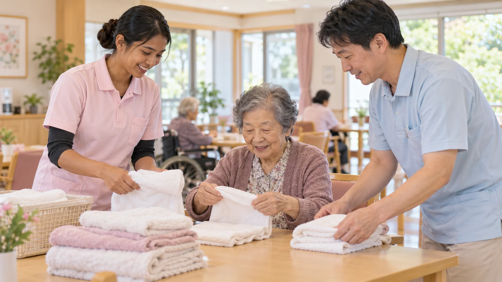 介護施設で、二人の介護職員が利用者と一緒に日常の活動に取り組む場面