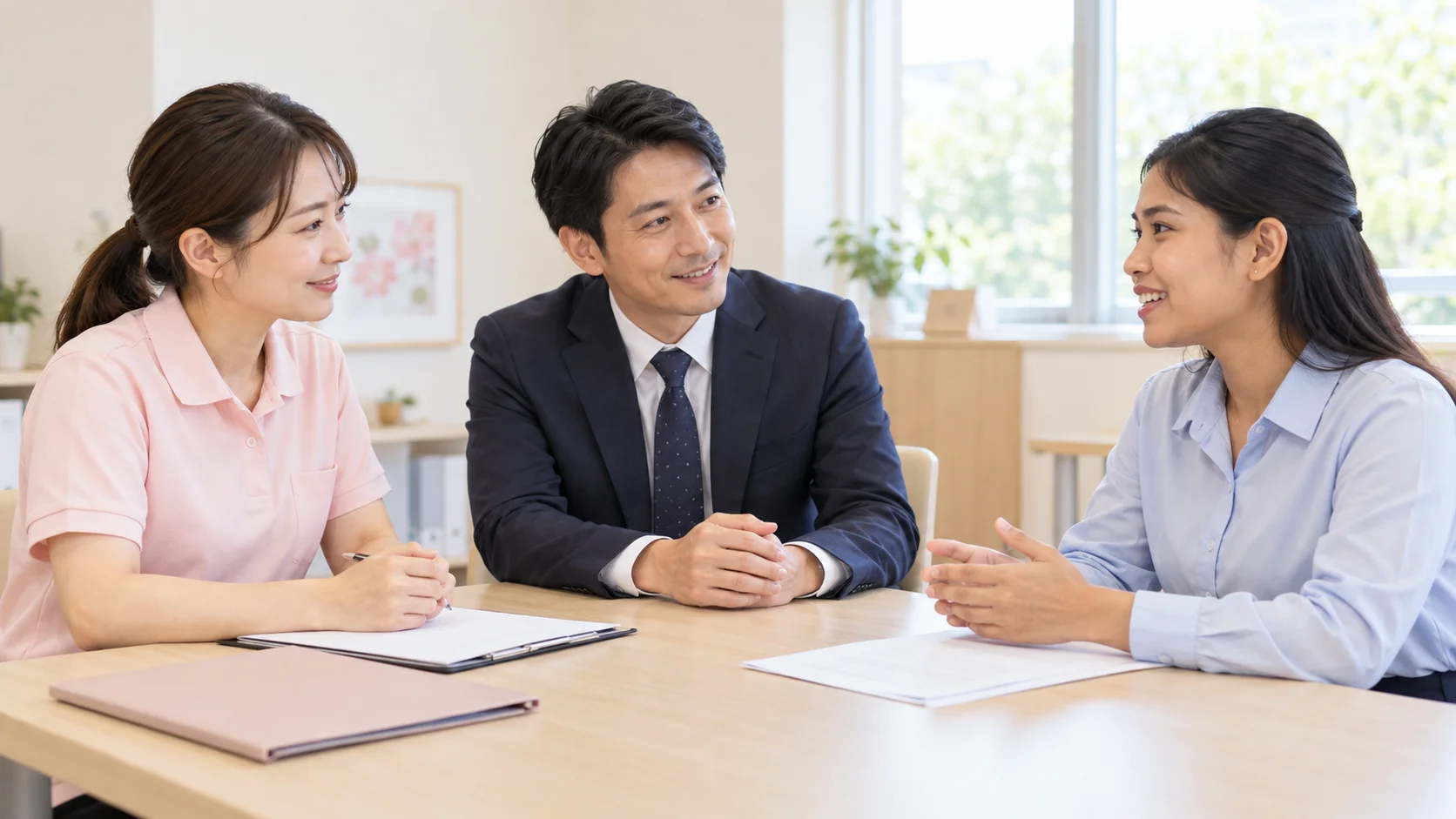 外国人介護職員の話を、支援担当者と介護施設の担当者が聞く相談の場面