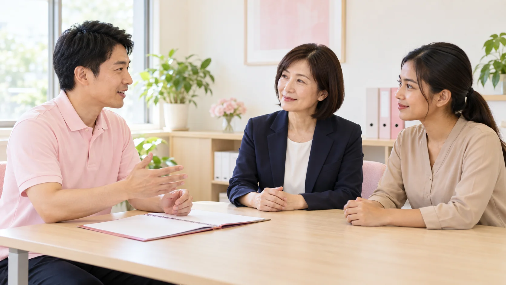 支援担当者と介護施設の担当者、外国人職員が支援の引継ぎについて相談する場面